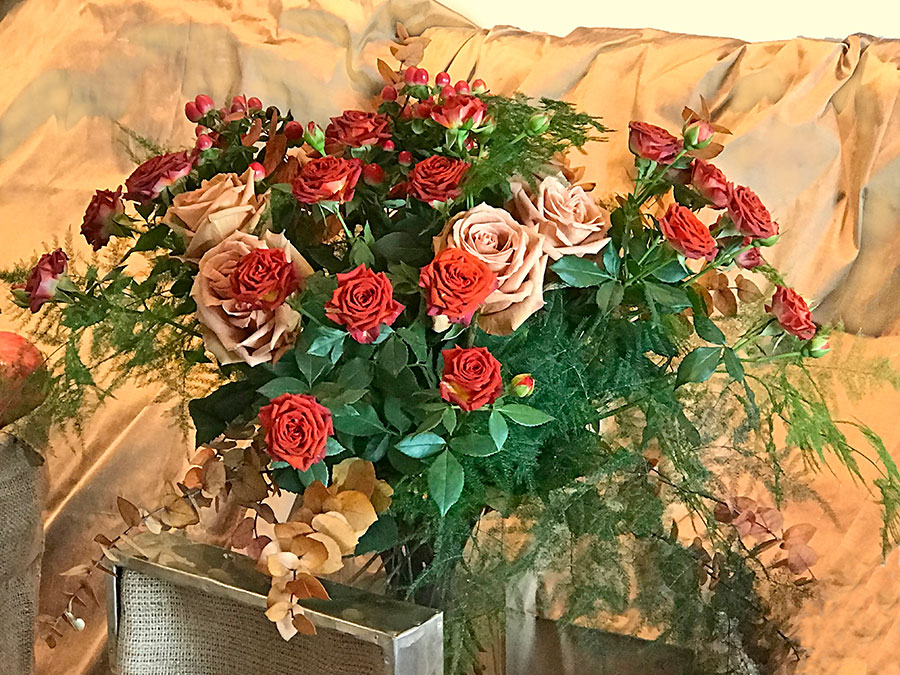 bouquet of roses, fern, hypericum & eucalyptus
