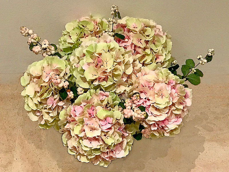 Pastel pink Hydrangeas and greens with snowberries