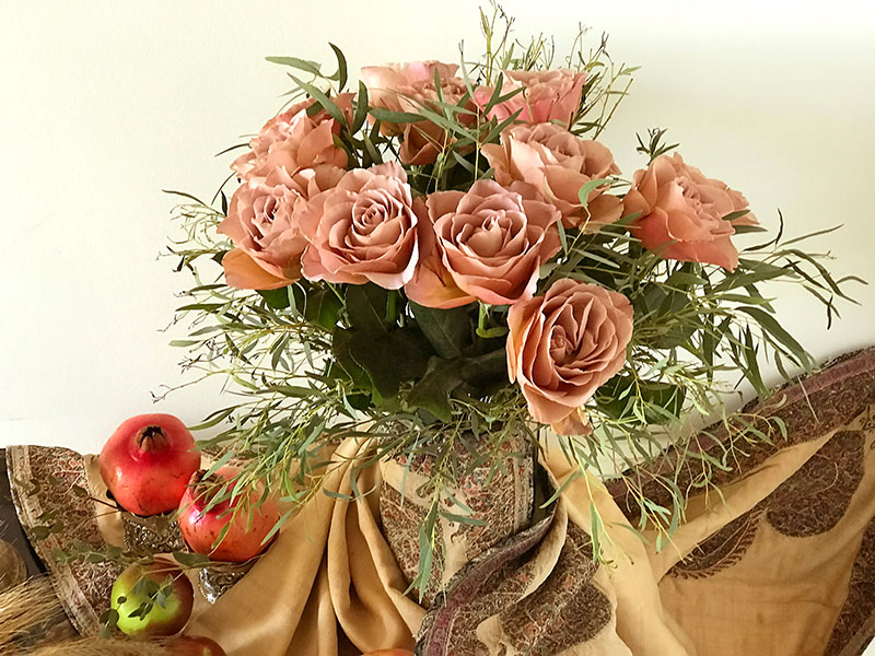 smoked peach pink roses on persian textile