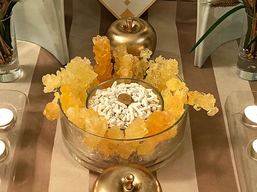 gold tinted crystal sugar and persian almonds