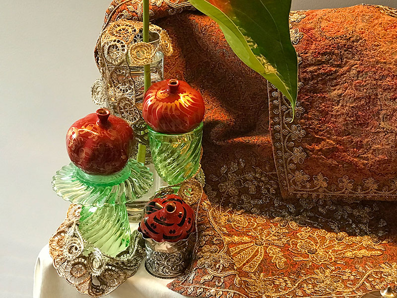 pomegranates, persian metallic trim, termeh