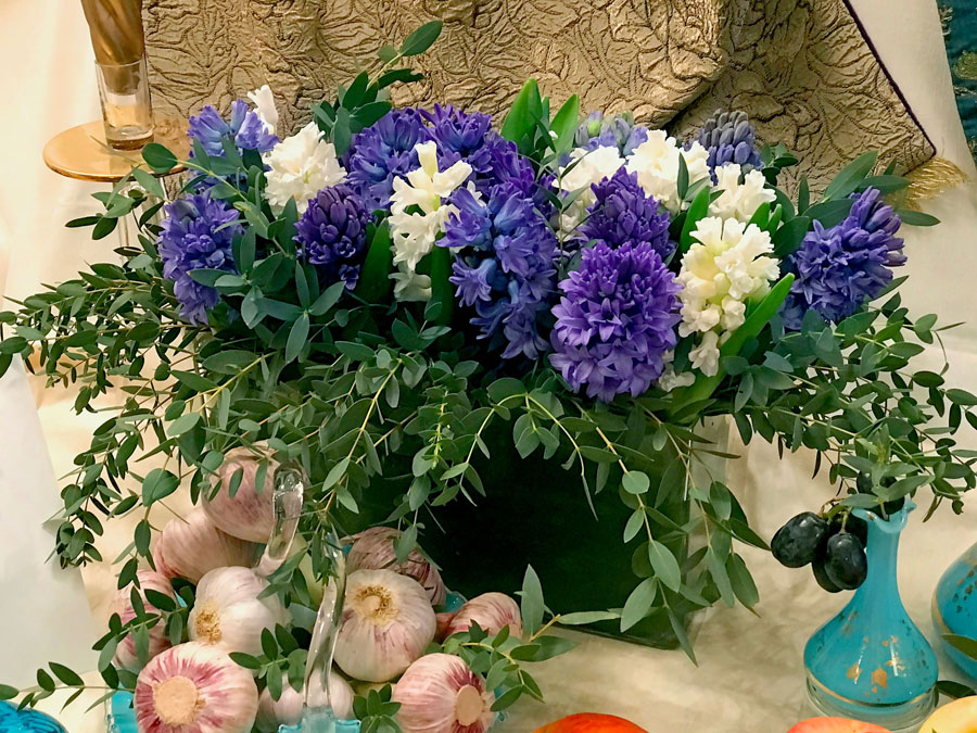 deep-blue and purple and white hyacinths (sonbol) and Eucalyptus