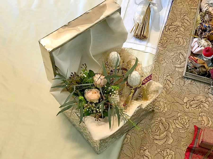 silver box with spray roses and sugarloaves