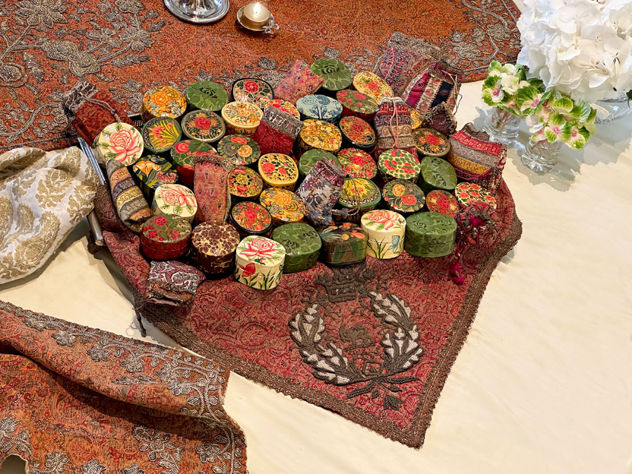 papier mâché miniature boxes and pouches made of antique Persian textiles