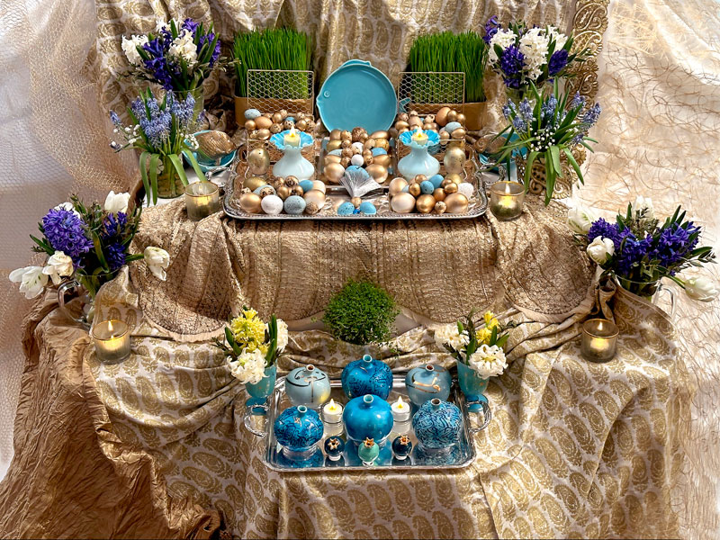 rrr10AprilIMG_4313 A ceramic blue dish in the form of a fish, together with an impressive platter of decorated eggs
