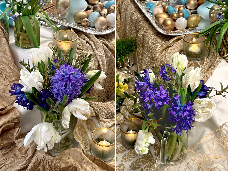 rrrAprilWebCombo miniature bouquets of amazing white parrot tulips, striking blue hyacinths and foliage
